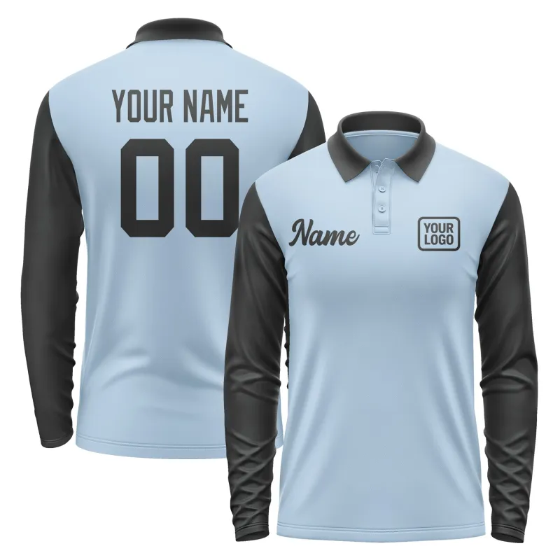 Custom Light Blue Black Long Sleeve Polo Shirt sold by Tailorly