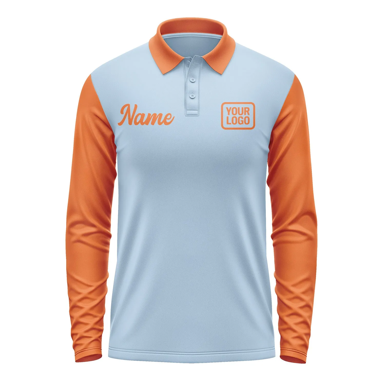 Custom Light Blue Orange Long Sleeve Polo Shirt sold by Tailorly product image thumbnail 2