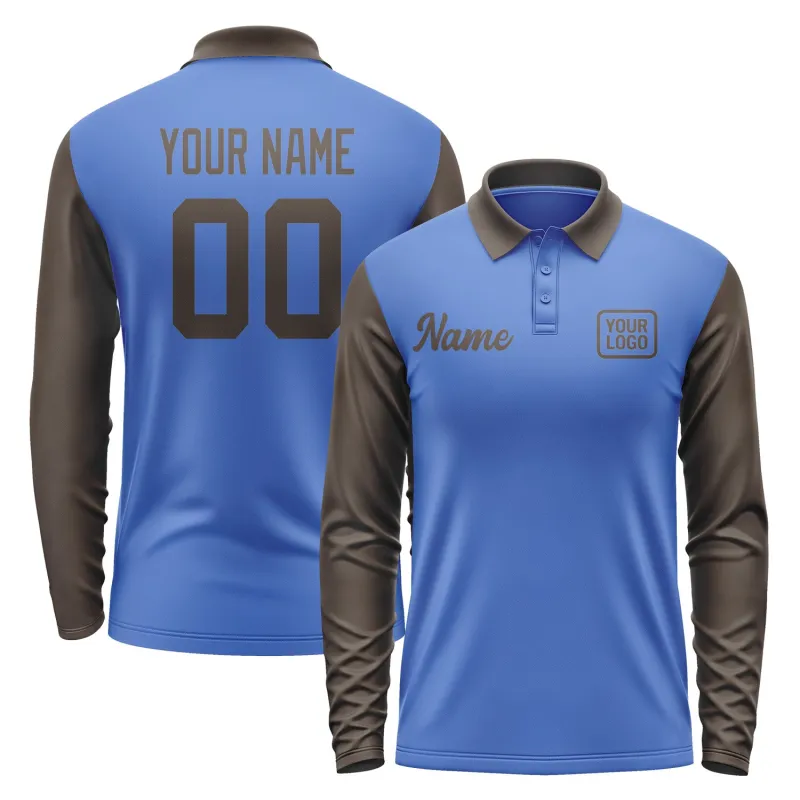 Custom Sky Blue Brown Long Sleeve Polo Shirt sold by Tailorly