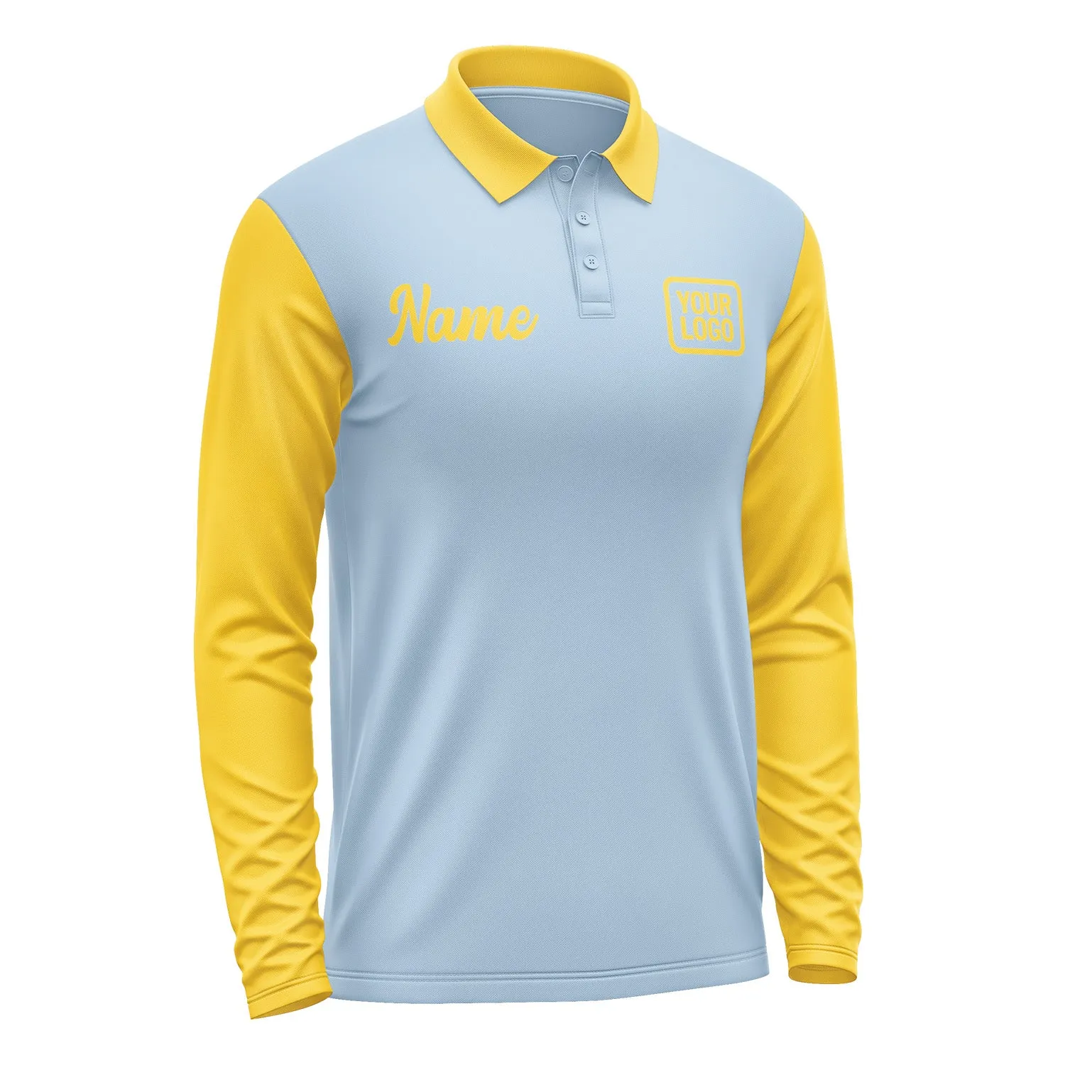 Custom Light Blue Gold Long Sleeve Polo Shirt sold by Tailorly product image thumbnail 4