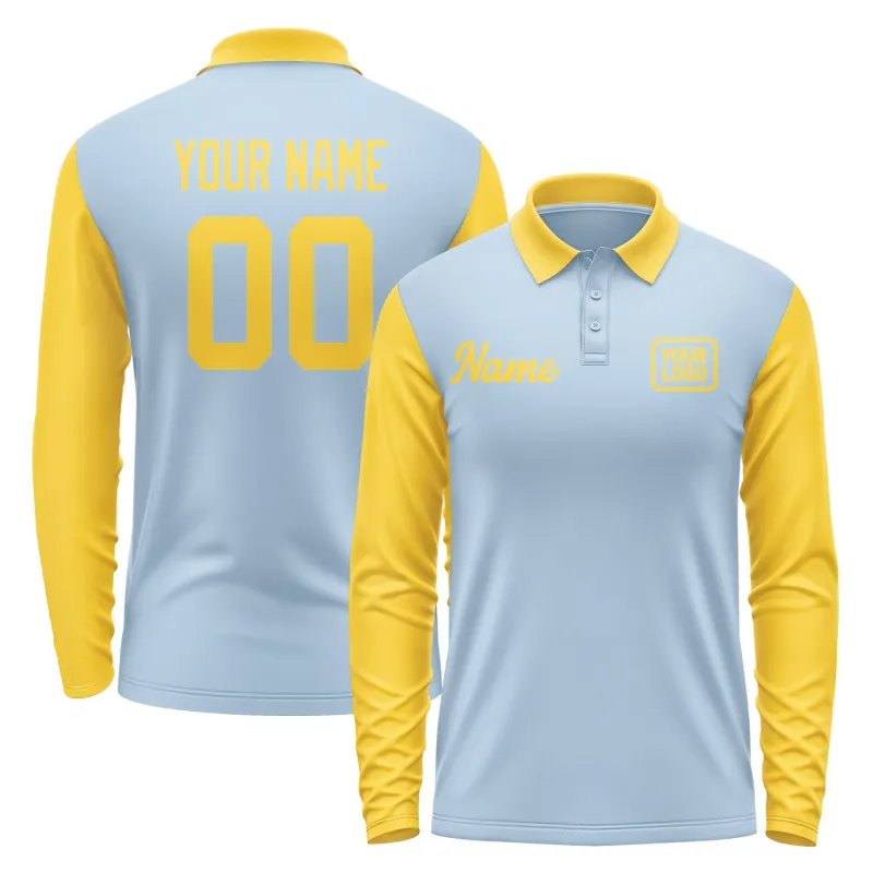Custom Light Blue Gold Long Sleeve Polo Shirt sold by Tailorly