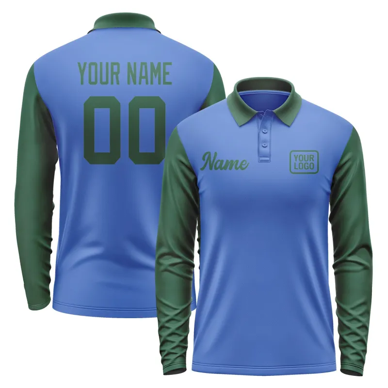 Custom Sky Blue Green Long Sleeve Polo Shirt sold by Tailorly