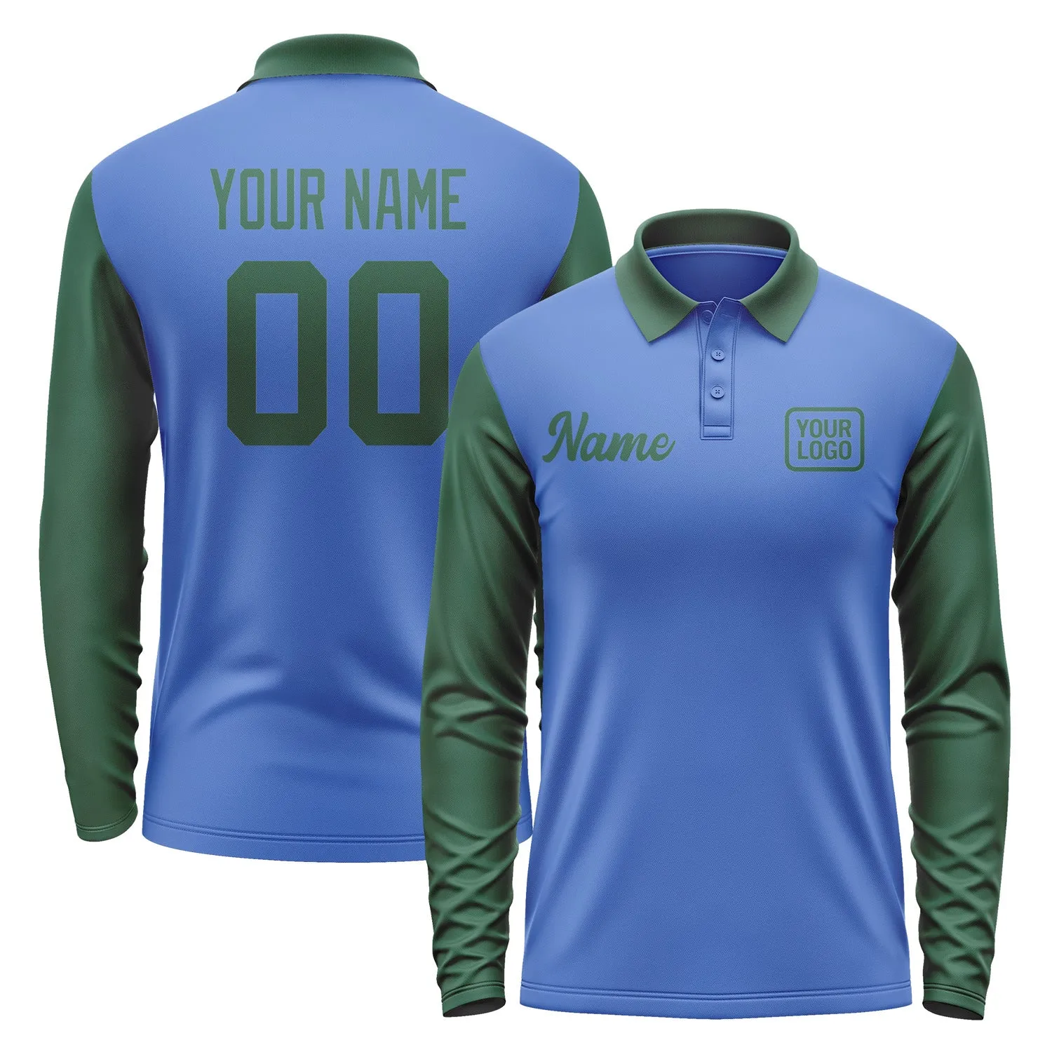 Custom Sky Blue Green Long Sleeve Polo Shirt sold by Tailorly