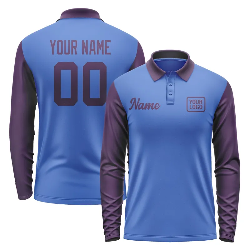 Custom Sky Blue Purple Long Sleeve Polo Shirt sold by Tailorly