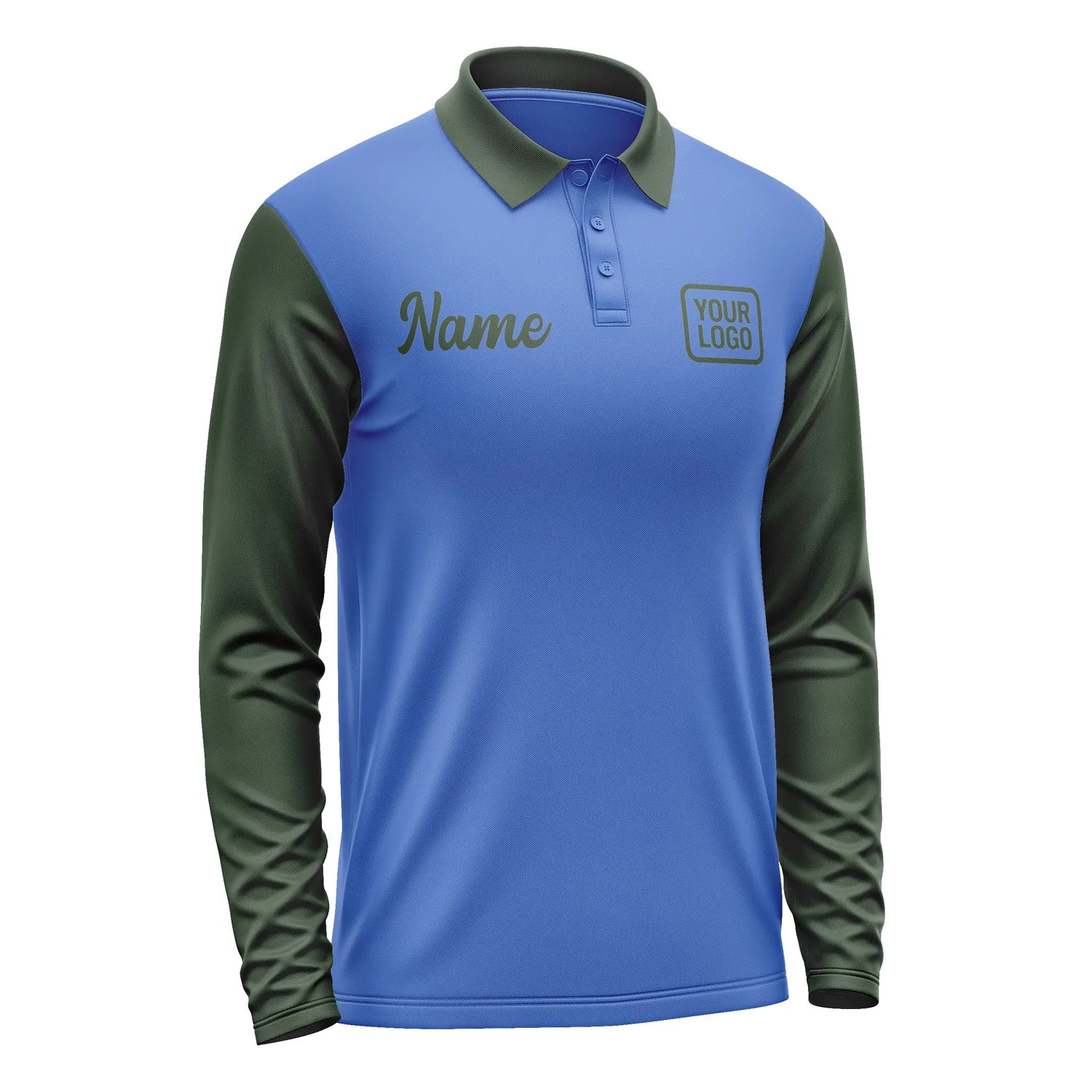 Custom Sky Blue Dark Green Long Sleeve Polo Shirt sold by Tailorly product image thumbnail 4