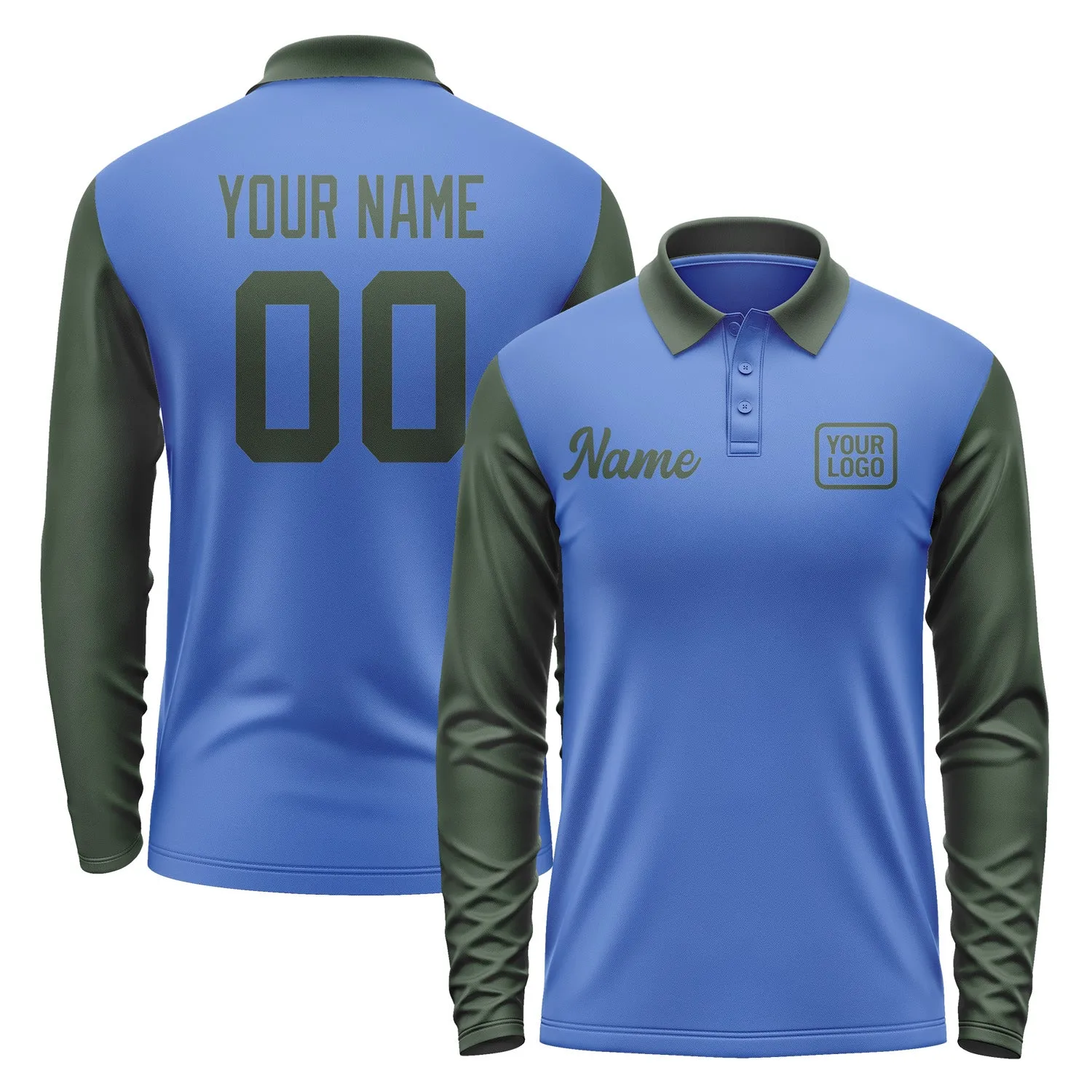 Custom Sky Blue Dark Green Long Sleeve Polo Shirt sold by Tailorly