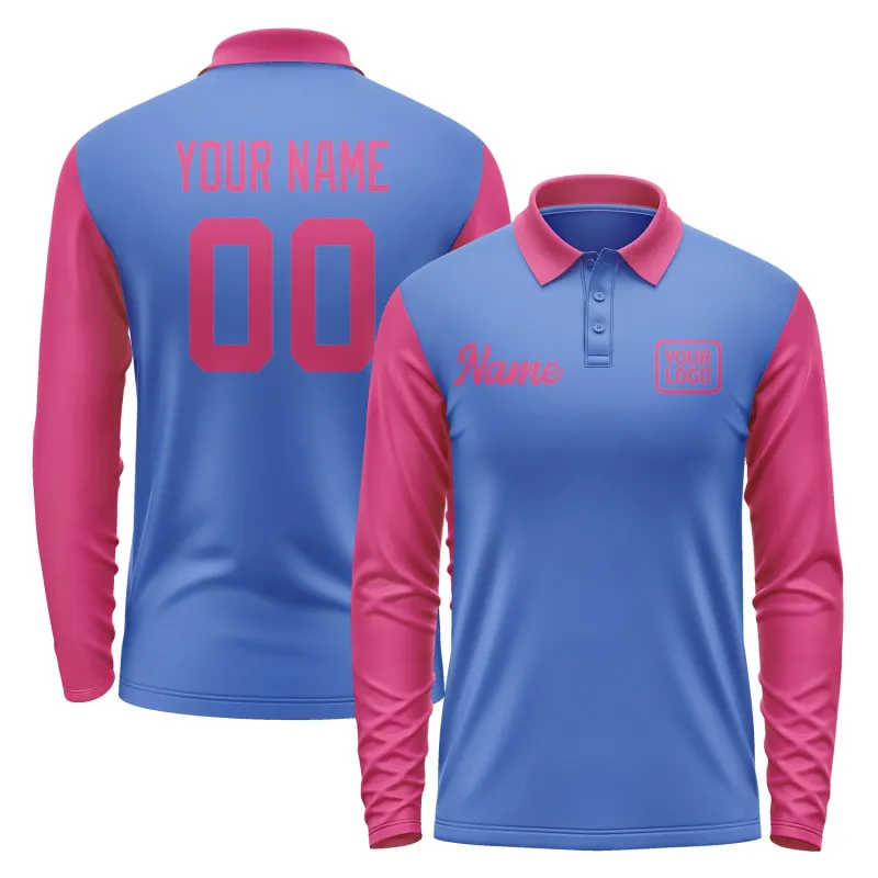 Custom Sky Blue Pink Long Sleeve Polo Shirt sold by Tailorly