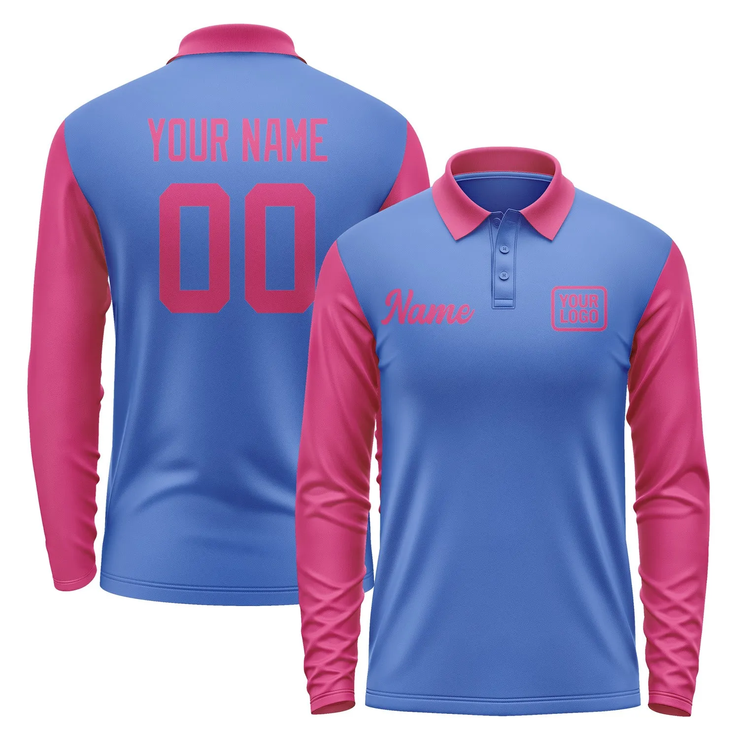 Custom Sky Blue Pink Long Sleeve Polo Shirt sold by Tailorly