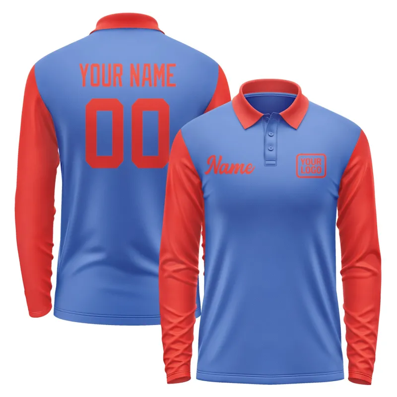Custom Sky Blue Orange Red Long Sleeve Polo Shirt sold by Tailorly