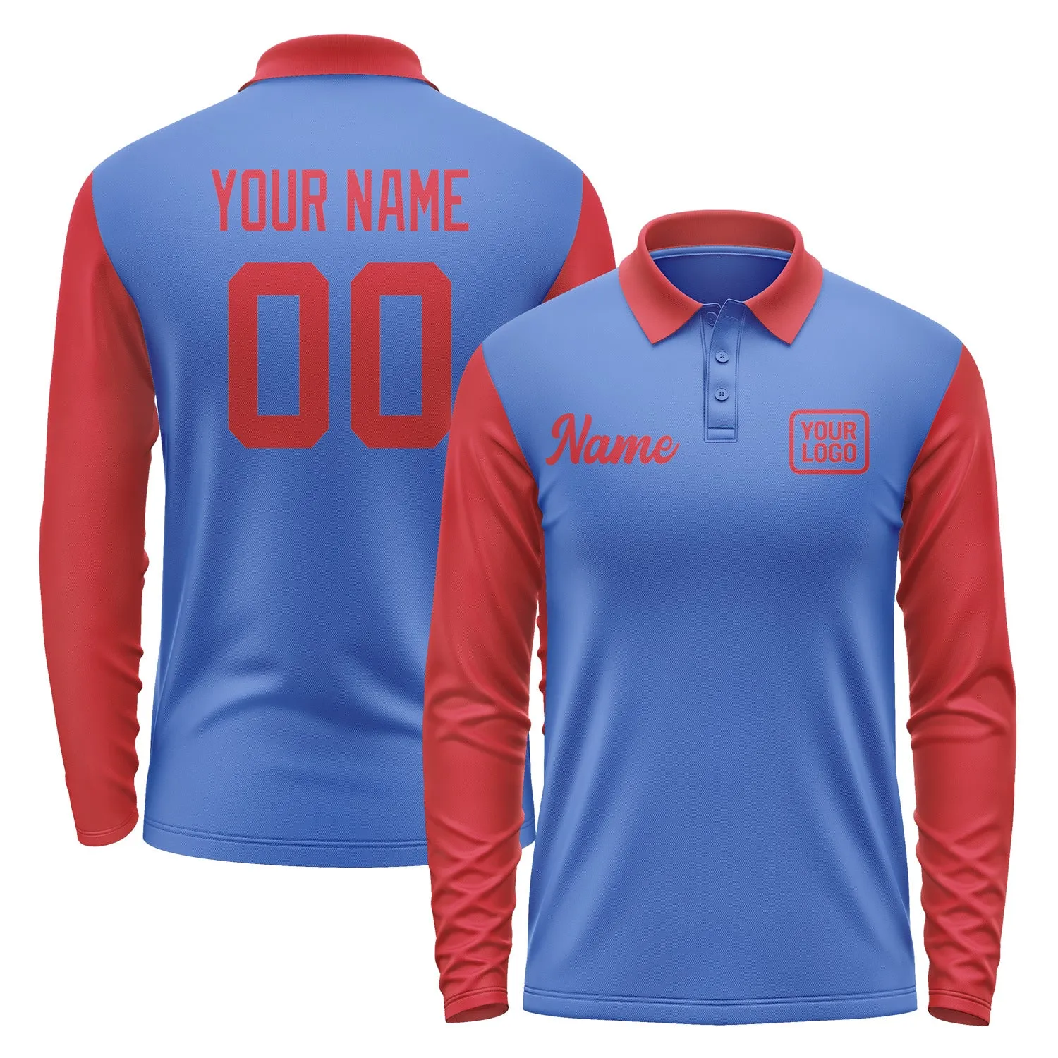 Custom Sky Blue Red Long Sleeve Polo Shirt sold by Tailorly