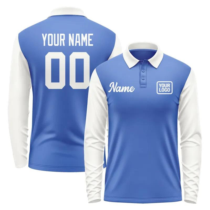 Custom Sky Blue White Long Sleeve Polo Shirt sold by Tailorly