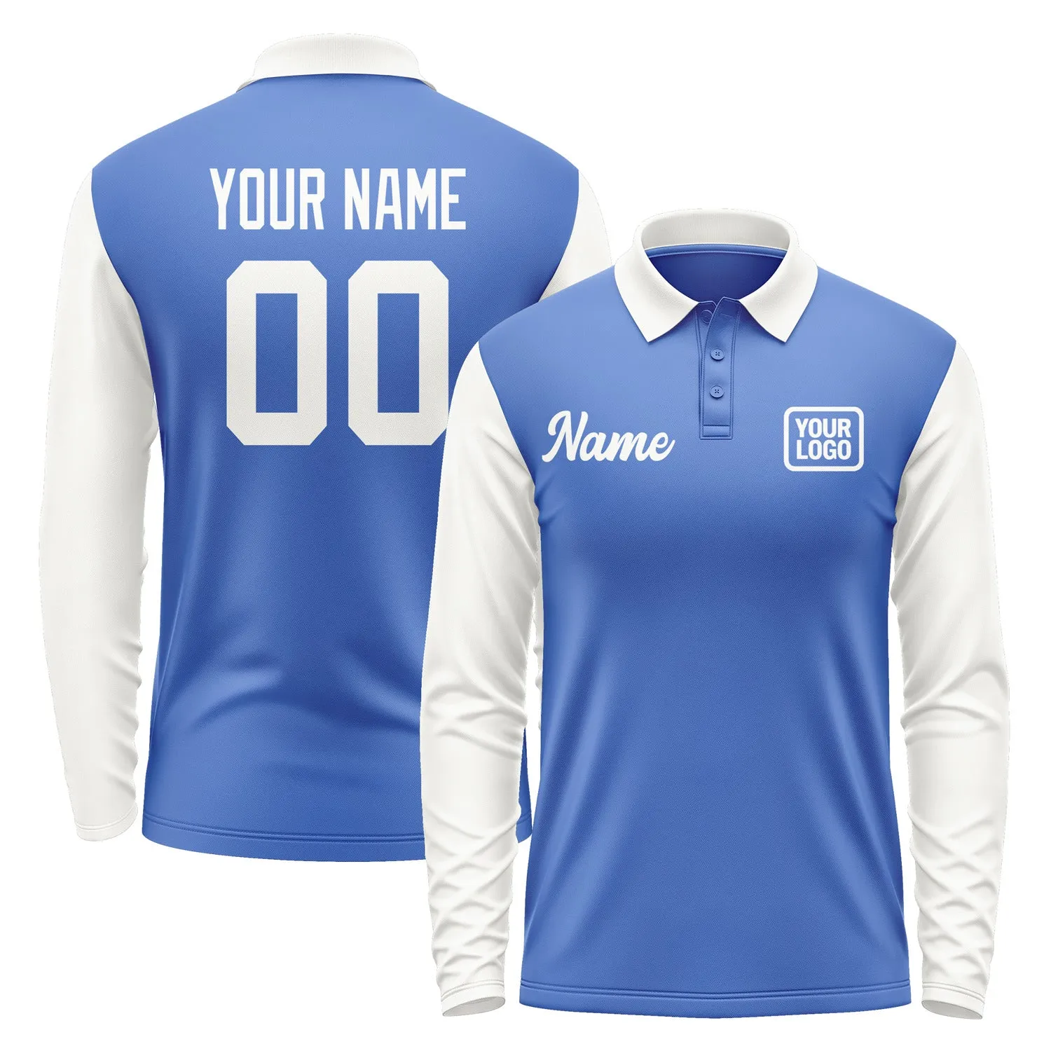 Custom Sky Blue White Long Sleeve Polo Shirt sold by Tailorly