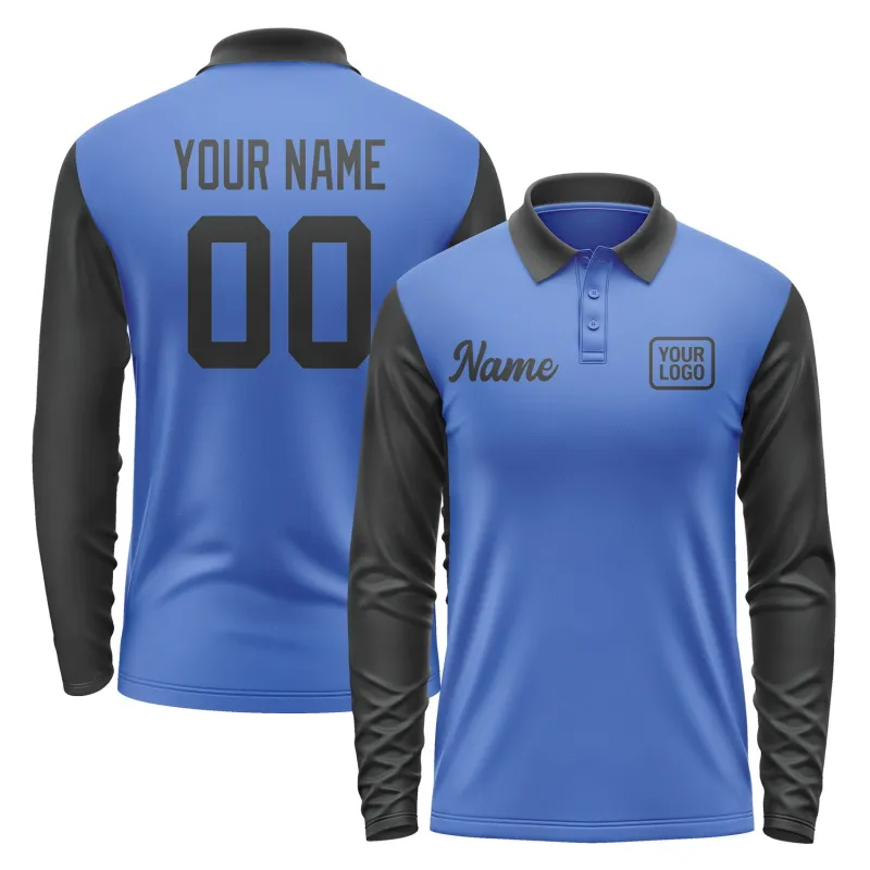 Custom Sky Blue Black Long Sleeve Polo Shirt sold by Tailorly