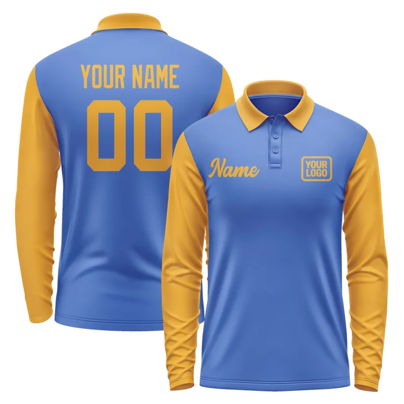 Custom Sky Blue Yellow Long Sleeve Polo Shirt sold by Tailorly