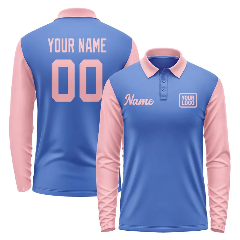 Custom Sky Blue Light Pink Long Sleeve Polo Shirt sold by Tailorly