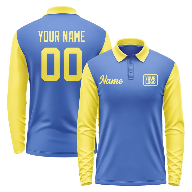 Custom Sky Blue Light Yellow Long Sleeve Polo Shirt sold by Tailorly