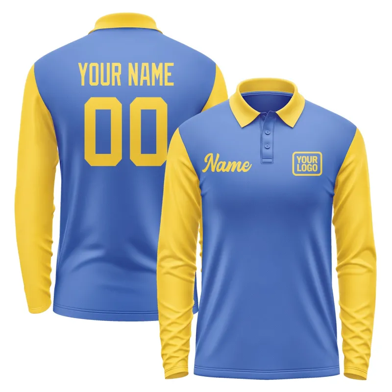 Custom Sky Blue Gold Long Sleeve Polo Shirt sold by Tailorly