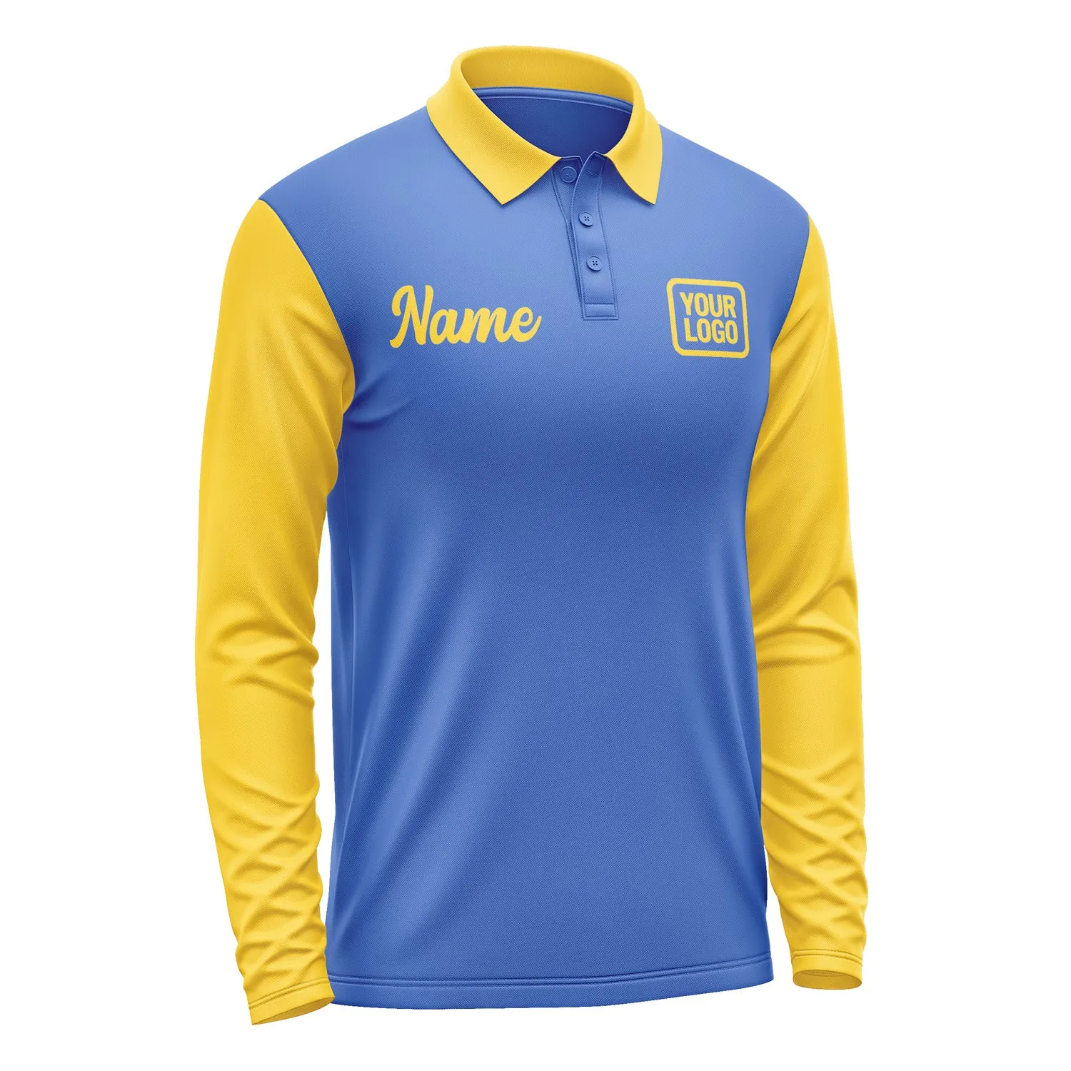 Custom Sky Blue Gold Long Sleeve Polo Shirt sold by Tailorly product image thumbnail 4
