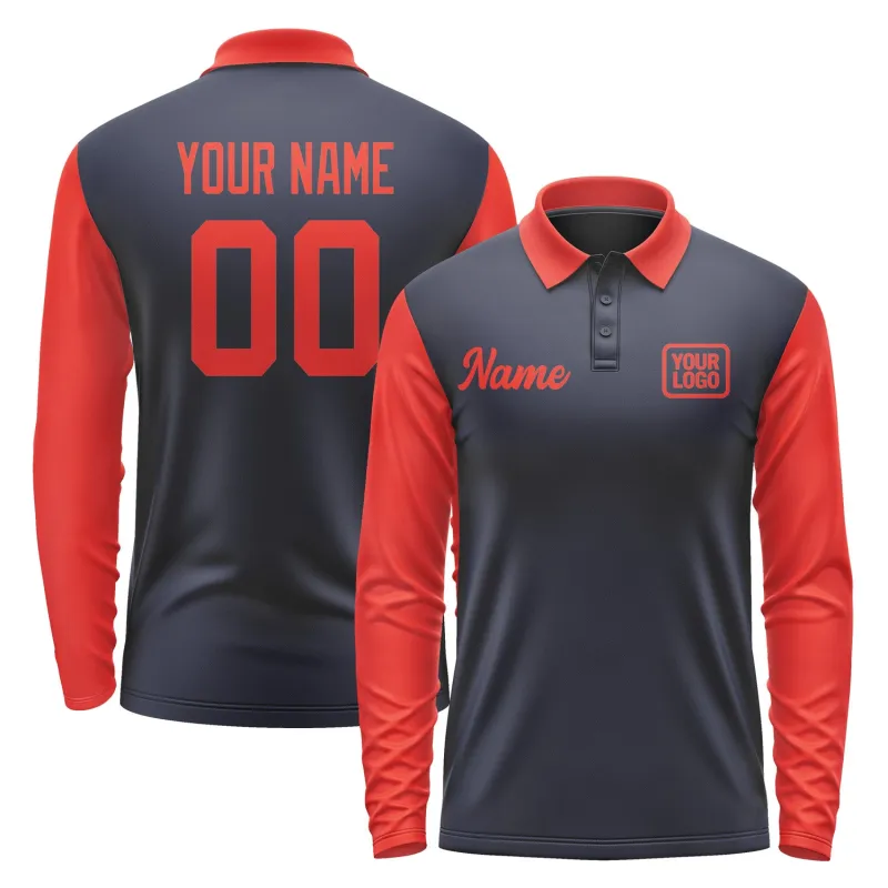 Custom Navy Orange Red Long Sleeve Polo Shirt sold by Tailorly
