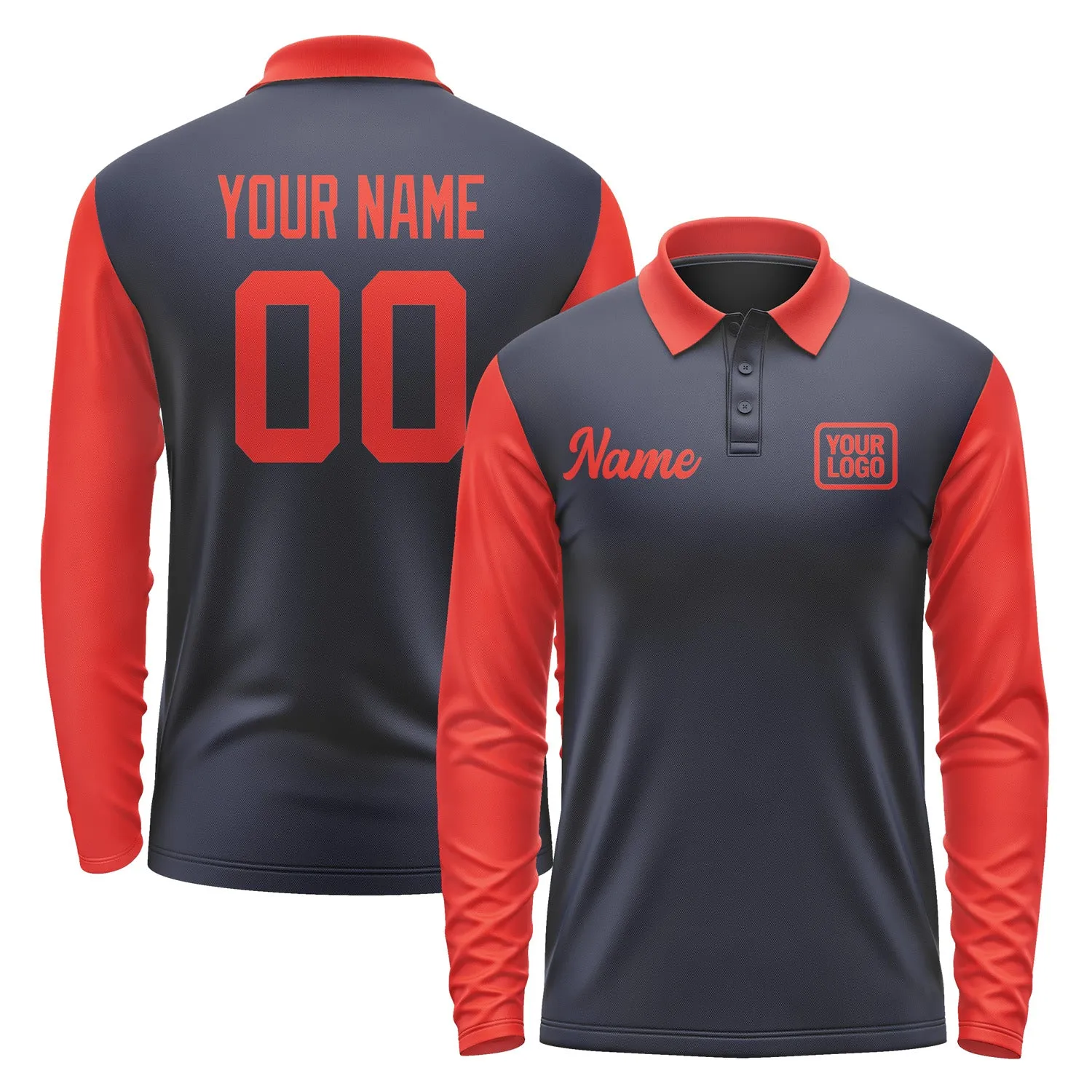 Custom Navy Orange Red Long Sleeve Polo Shirt sold by Tailorly