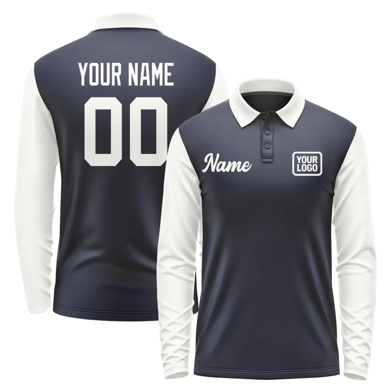 Custom Navy White Long Sleeve Polo Shirt sold by Tailorly