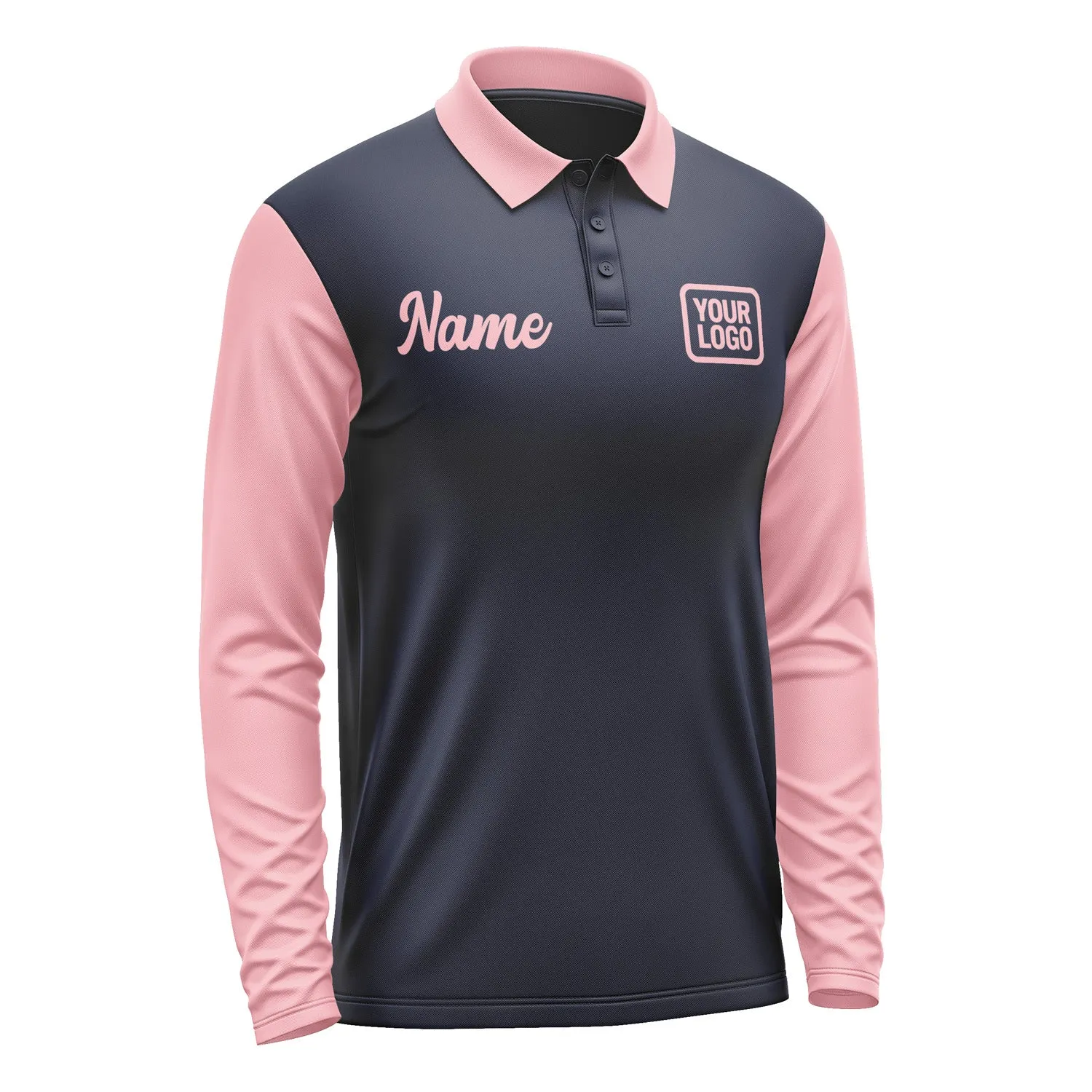 Custom Navy Light Pink Long Sleeve Polo Shirt sold by Tailorly product image thumbnail 4