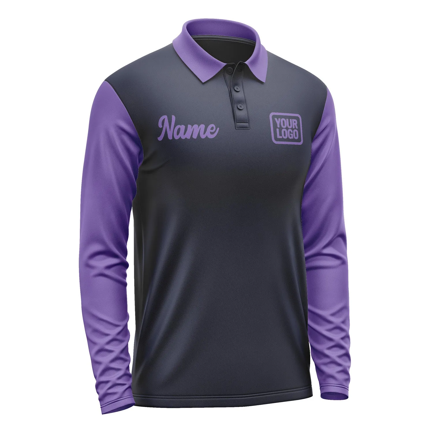 Custom Navy Light Purple Long Sleeve Polo Shirt sold by Tailorly product image thumbnail 4