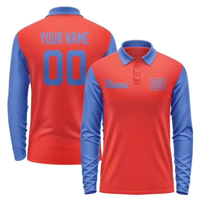 Custom Orange Red Sky Blue Long Sleeve Polo Shirt sold by Tailorly