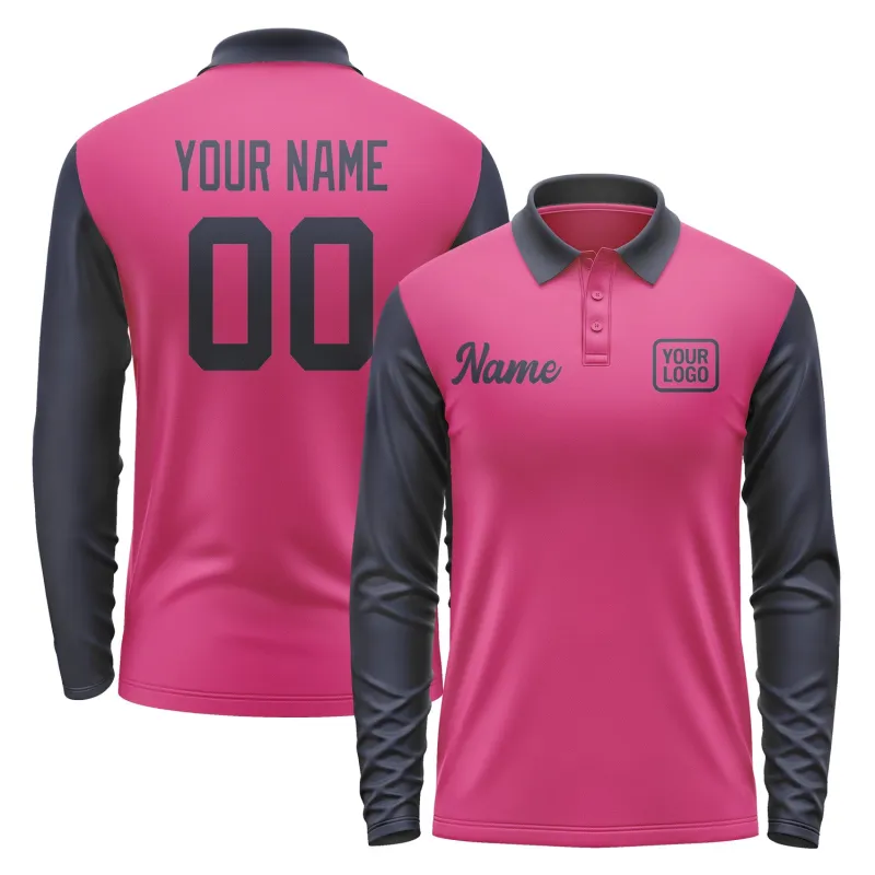 Custom Pink Navy Long Sleeve Polo Shirt sold by Tailorly