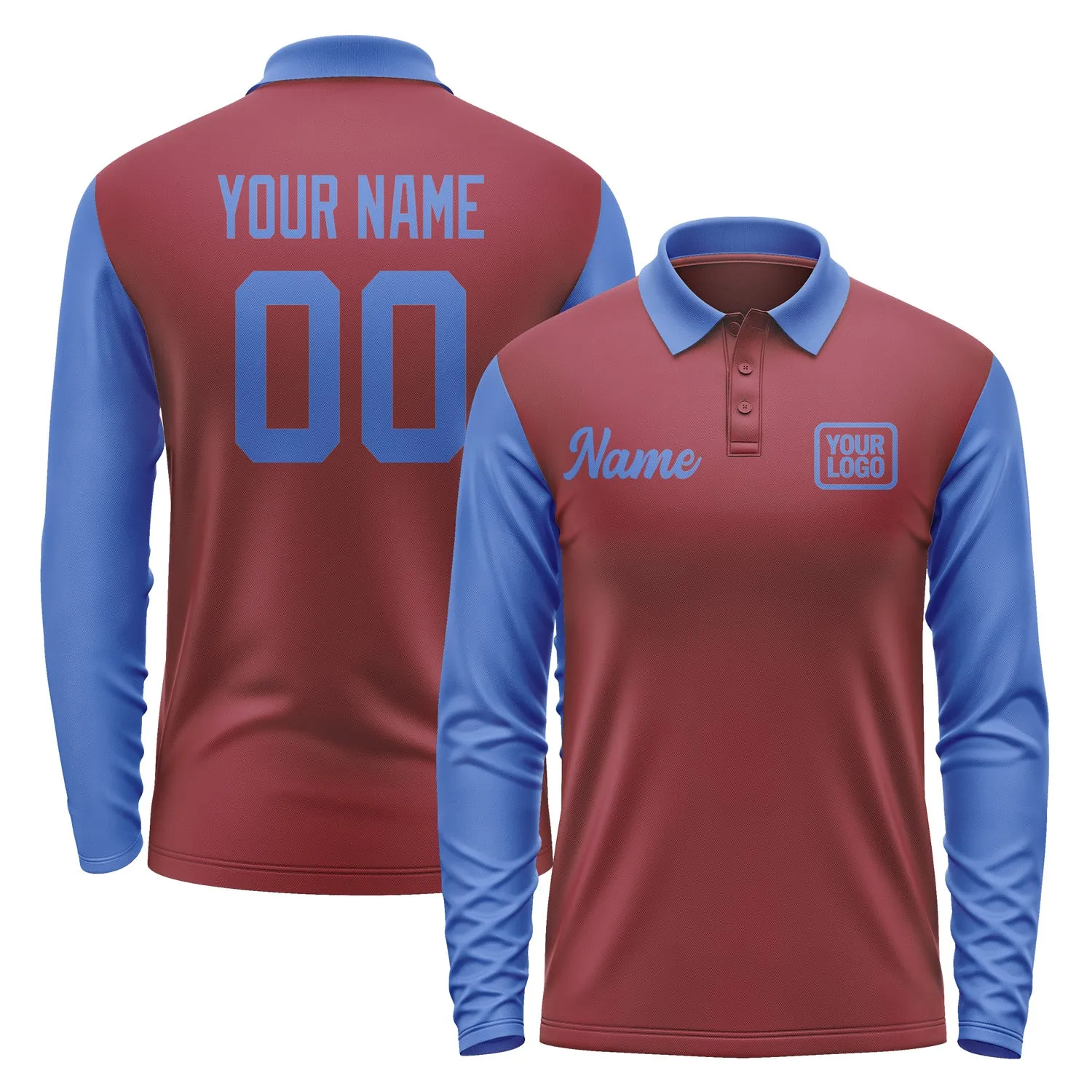 Custom Crimson Red Sky Blue Long Sleeve Polo Shirt sold by Tailorly