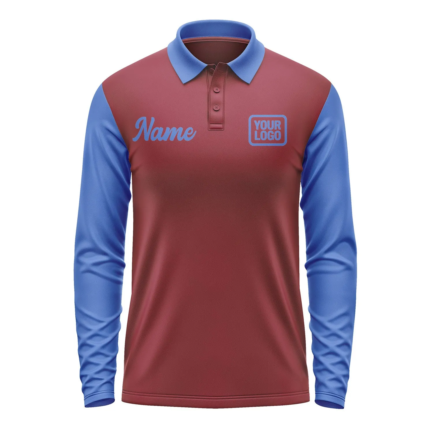 Custom Crimson Red Sky Blue Long Sleeve Polo Shirt sold by Tailorly product image thumbnail 2