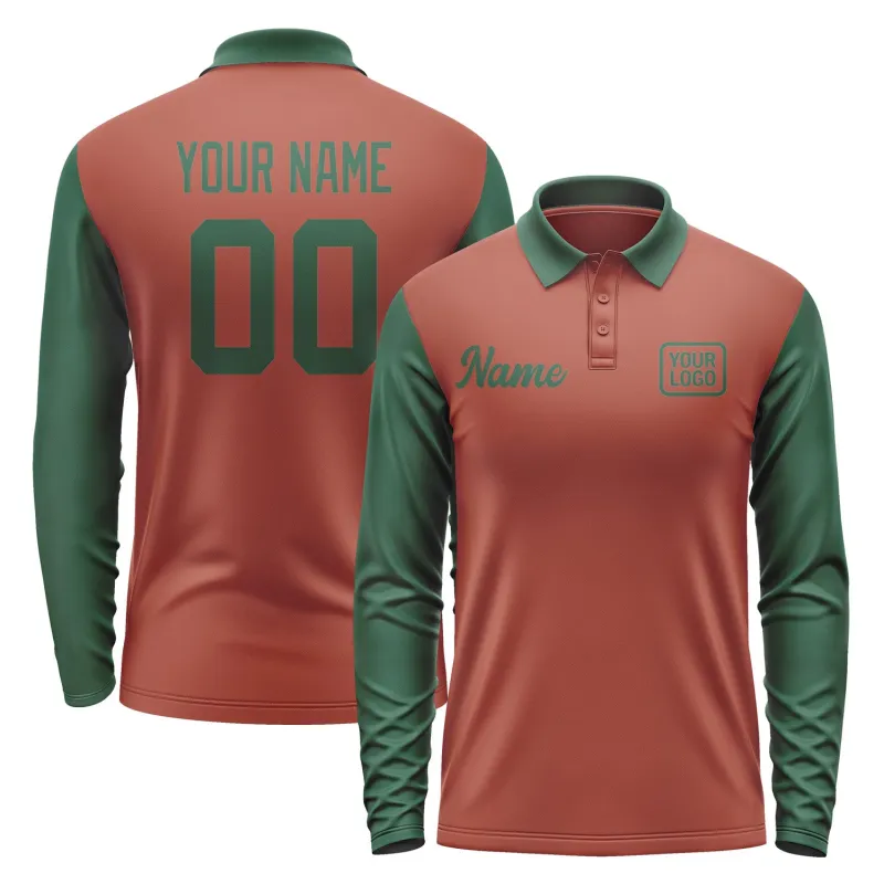 Custom Coral Red Green Long Sleeve Polo Shirt sold by Tailorly