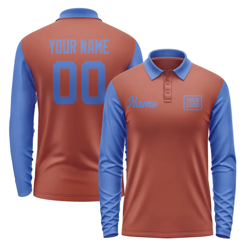 Custom Coral Red Sky Blue Long Sleeve Polo Shirt sold by Tailorly