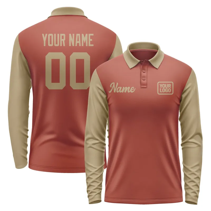 Custom Coral Red Light Khaki Long Sleeve Polo Shirt sold by Tailorly