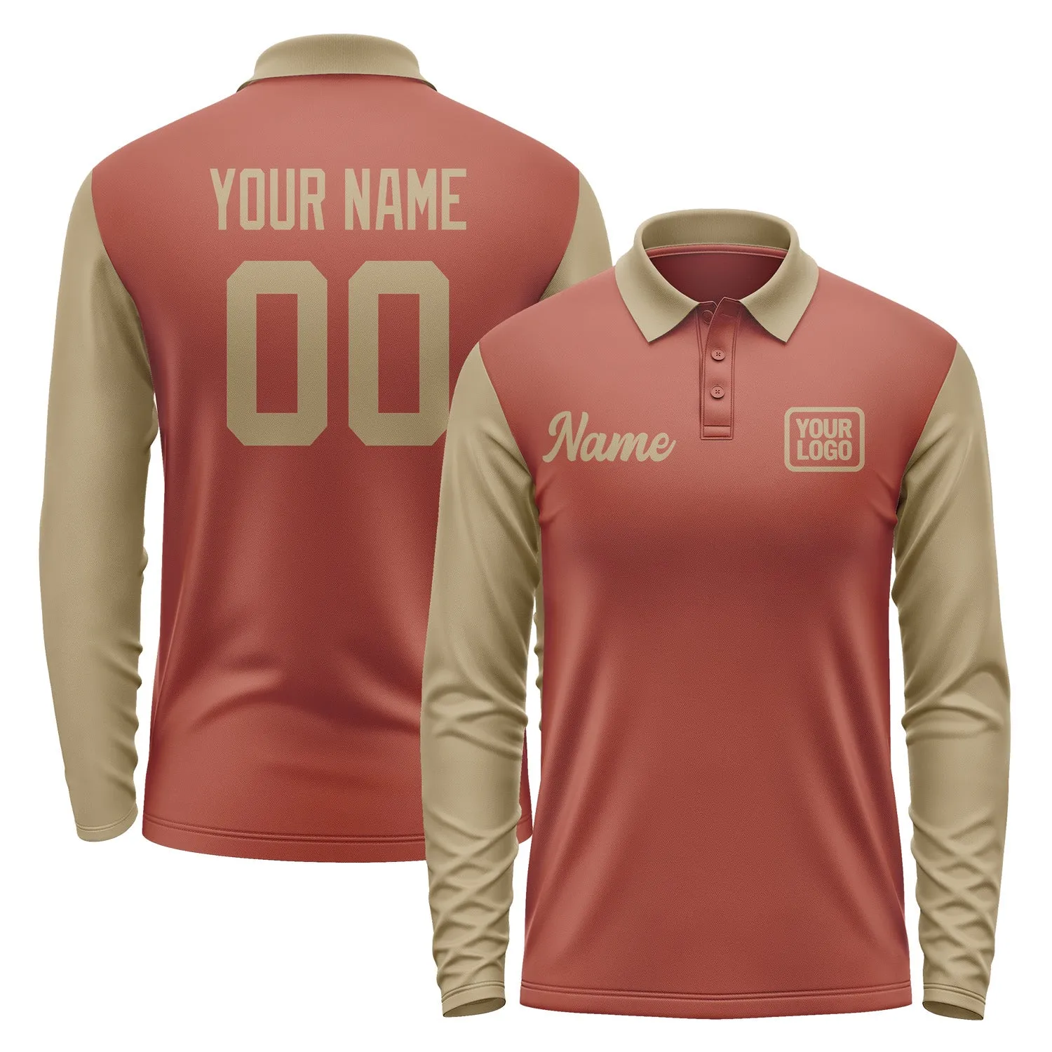 Custom Coral Red Light Khaki Long Sleeve Polo Shirt sold by Tailorly