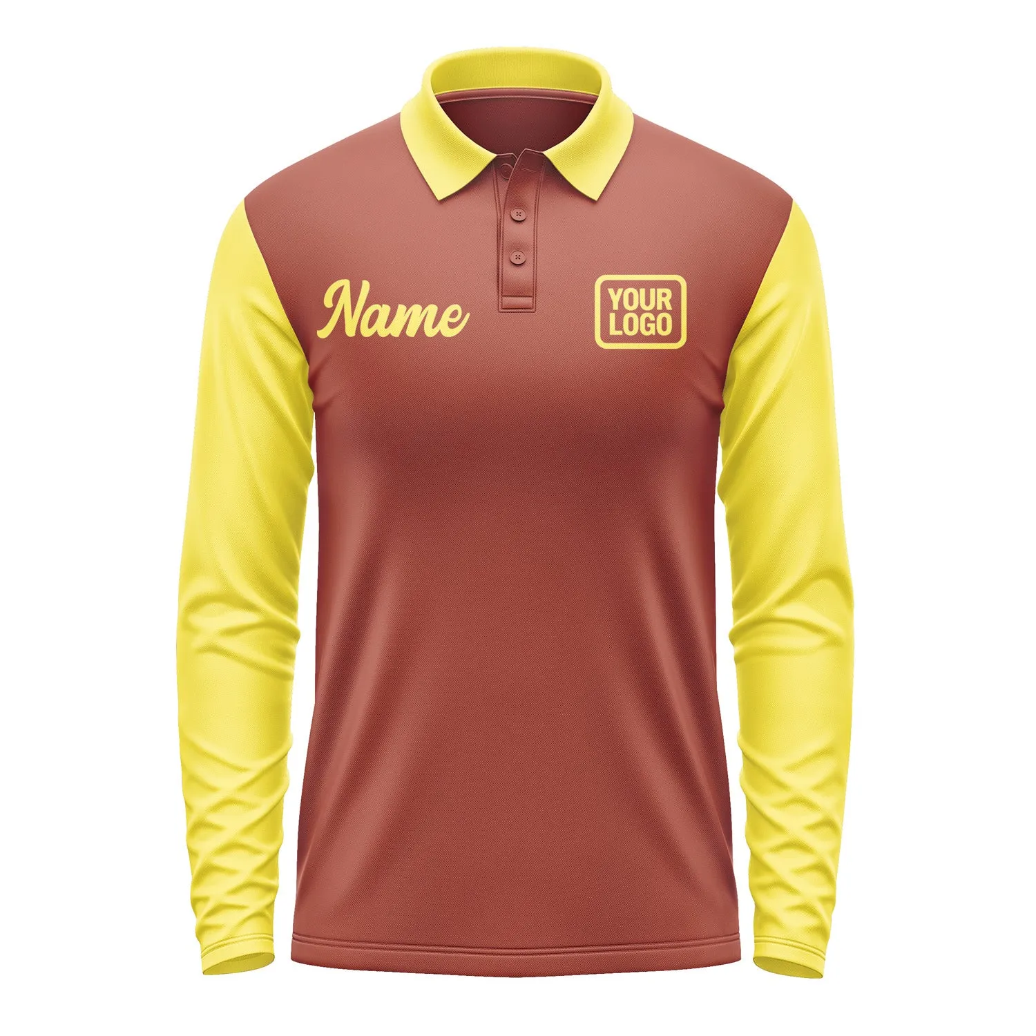 Custom Coral Red Light Yellow Long Sleeve Polo Shirt sold by Tailorly product image thumbnail 2