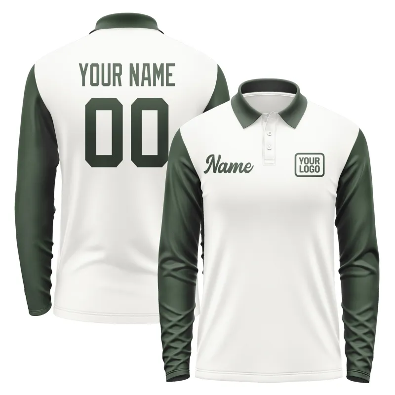 Custom White Dark Green Long Sleeve Polo Shirt sold by Tailorly