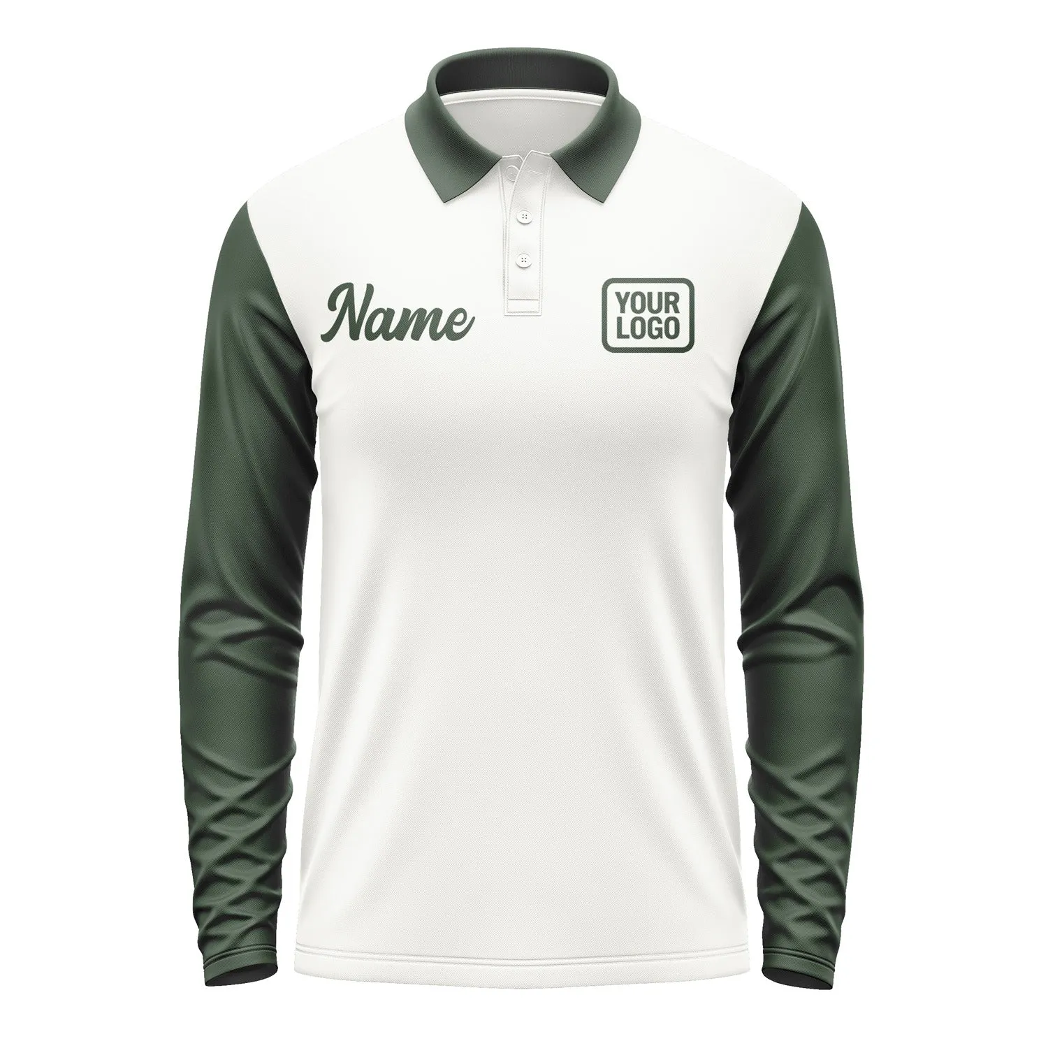 Custom White Dark Green Long Sleeve Polo Shirt sold by Tailorly product image thumbnail 2