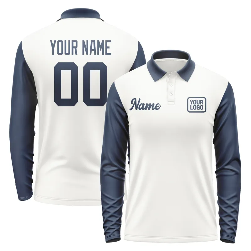 Custom White Blue Long Sleeve Polo Shirt sold by Tailorly