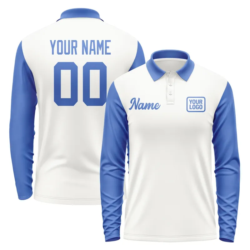 Custom White Sky Blue Long Sleeve Polo Shirt sold by Tailorly