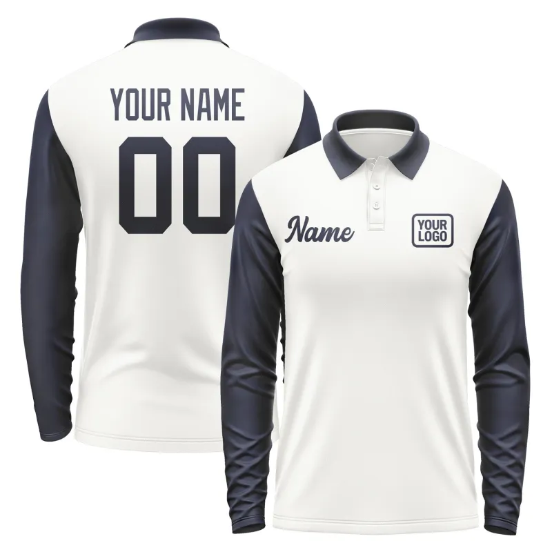 Custom White Navy Long Sleeve Polo Shirt sold by Tailorly