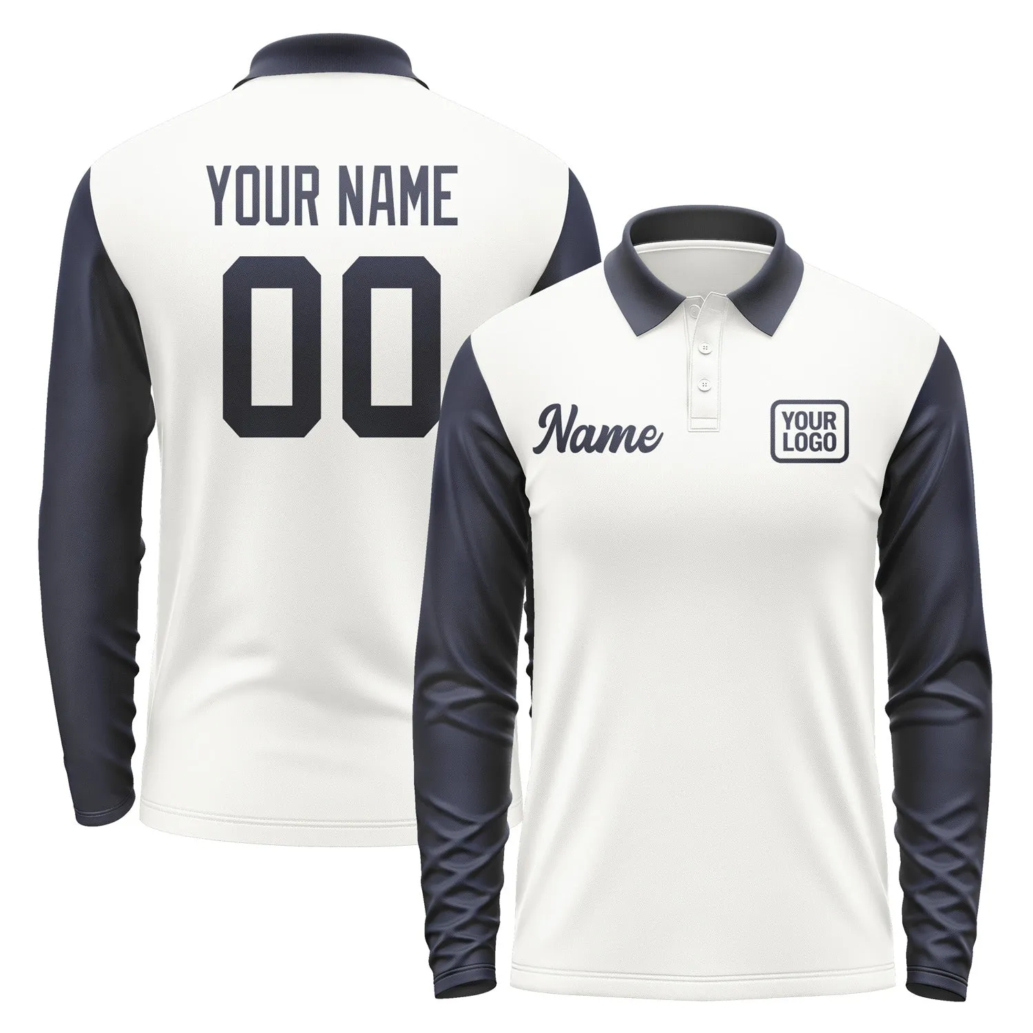 Custom White Navy Long Sleeve Polo Shirt sold by Tailorly