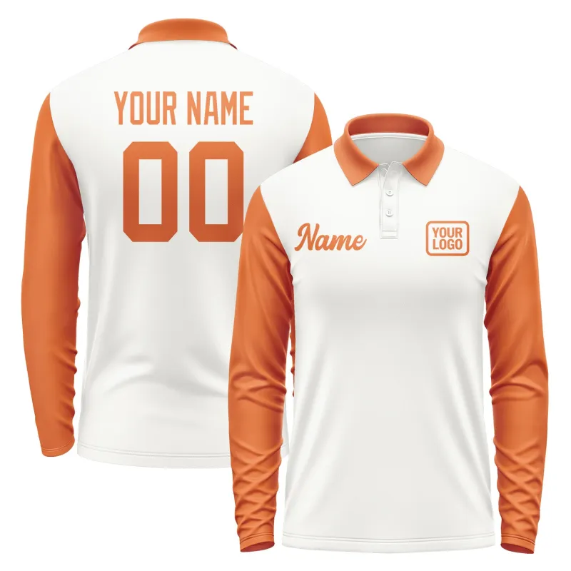 Custom White Orange Long Sleeve Polo Shirt sold by Tailorly
