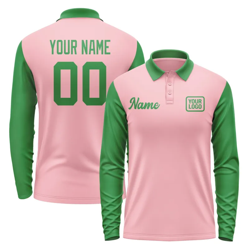 Custom Light Pink Emerald Green Long Sleeve Polo Shirt sold by Tailorly