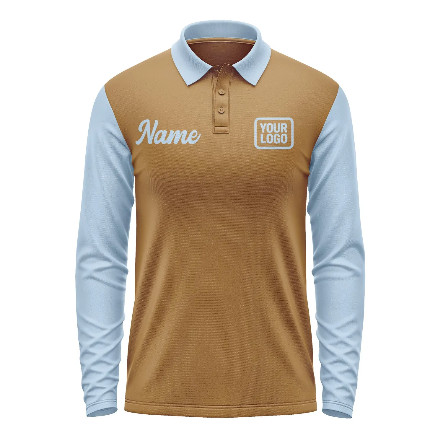 Custom Khaki Light Blue Long Sleeve Polo Shirt sold by Tailorly product image thumbnail 2