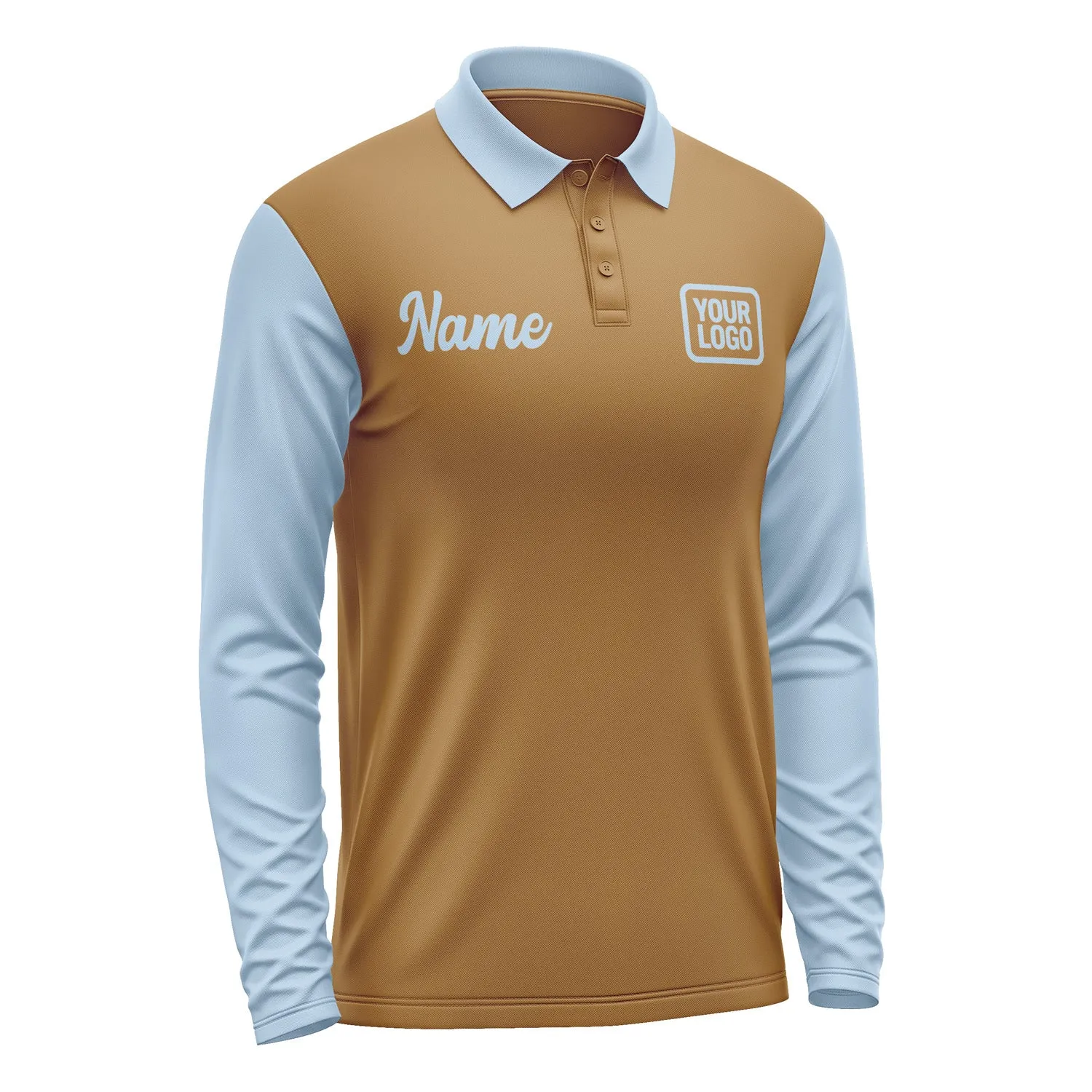 Custom Khaki Light Blue Long Sleeve Polo Shirt sold by Tailorly product image thumbnail 4