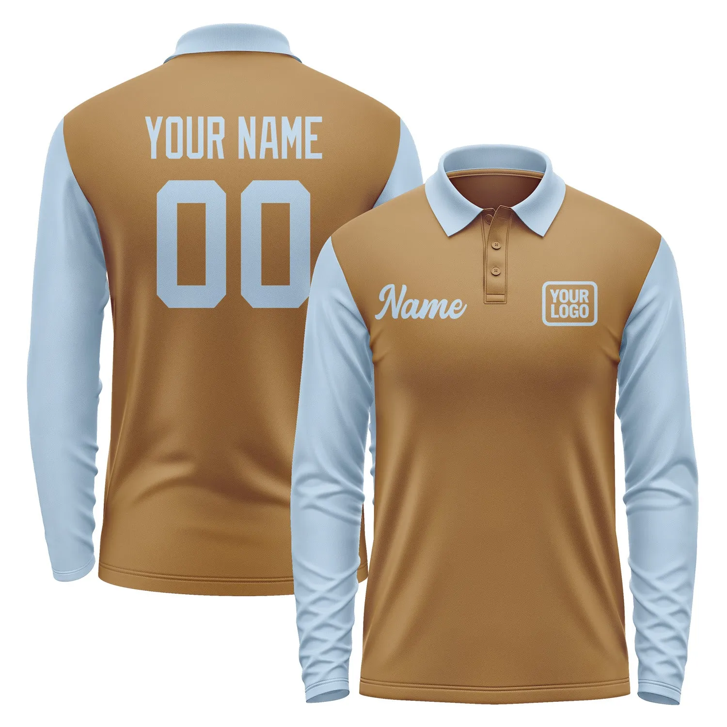 Custom Khaki Light Blue Long Sleeve Polo Shirt sold by Tailorly