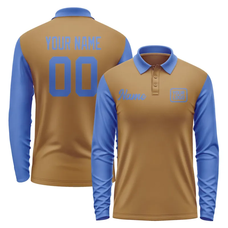 Custom Khaki Sky Blue Long Sleeve Polo Shirt sold by Tailorly