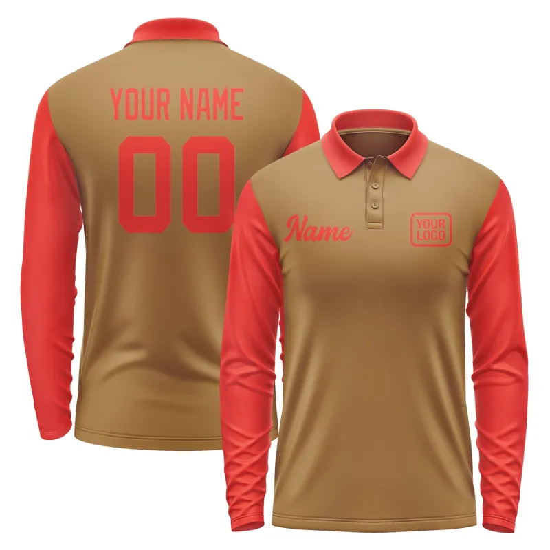 Custom Khaki Orange Red Long Sleeve Polo Shirt sold by Tailorly