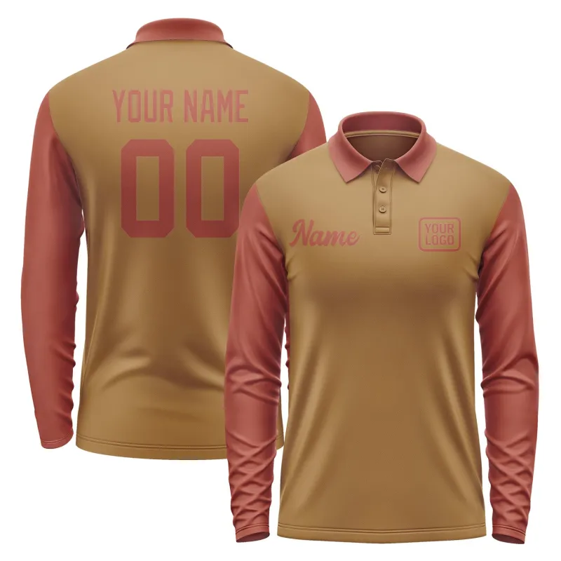 Custom Khaki Coral Red Long Sleeve Polo Shirt sold by Tailorly